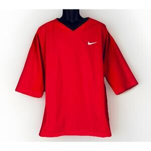 Nike Baseball Shirt Mens LG Red 3/4 Sleeve V-Neck Zip Pockets Cage Pullover Vent